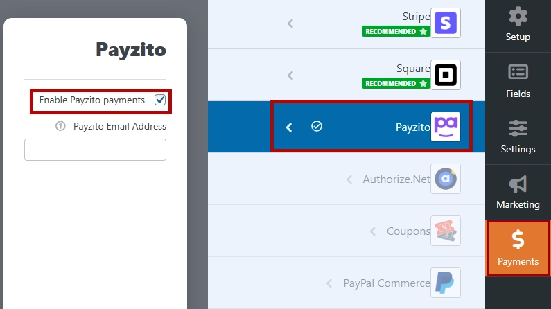 فعالسازی پِی زیتو در wpforms فعالسازی پی زیتو در wpforms